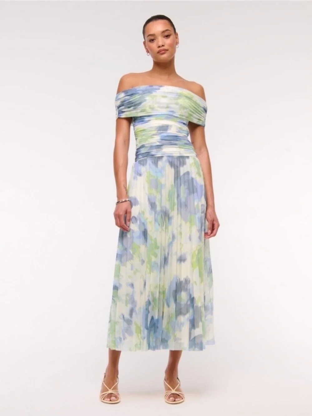 Abercrombie & Fitch Off-Shoulder Pleated Giselle Drop-Waist Mesh Maxi Dress - Picture 3 of 4